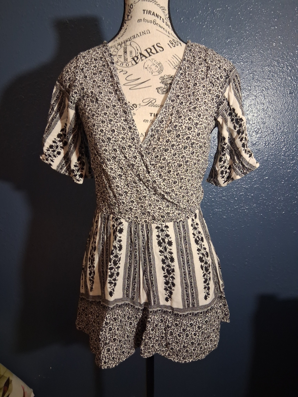 Ganji Boho Floral Wrap Romper in Black and Cream Med